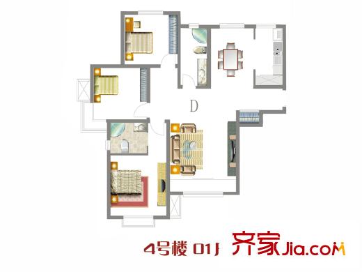 學(xué)仕府花園三期高層標準層01戶型 3室2廳1衛(wèi)1廚
