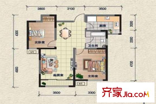 學(xué)仕府花園一期高層標準層B戶型 2室2廳1衛(wèi)1廚