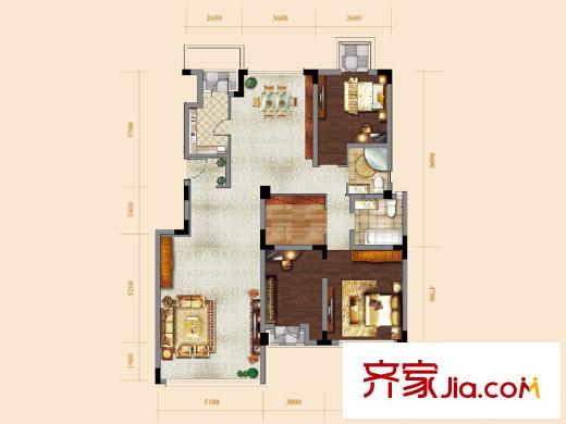 71墅洋房4、11號(hào)樓標(biāo)準(zhǔn)層三室戶型 3室2廳2衛(wèi)1廚