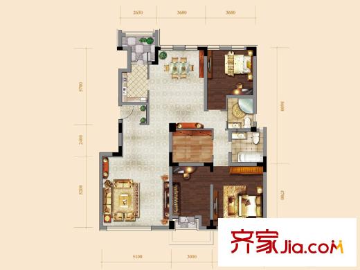 71墅洋房4、11號(hào)樓標(biāo)準(zhǔn)層三室戶型 3室2廳2衛(wèi)1廚