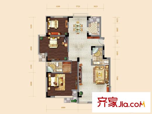 71墅洋房4、11號(hào)樓標(biāo)準(zhǔn)層三室戶型 3室2廳2衛(wèi)1廚