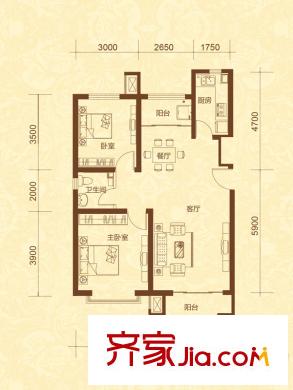 奧萊城小高層標(biāo)準(zhǔn)層A戶型 2室2廳1衛(wèi)1廚