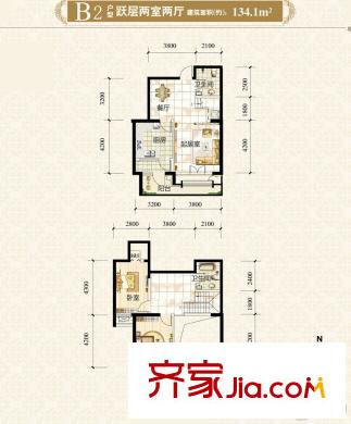 澤天下高層標準層B2戶型 2室2廳2衛(wèi)1廚