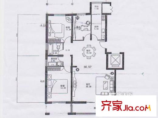 天元花園三期戶型圖兩居室 2室2廳1衛(wèi)1廚