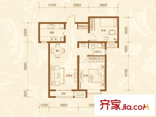亞泰瀾公館高層標(biāo)準(zhǔn)層GA-1戶型 2室2廳1衛(wèi)1廚