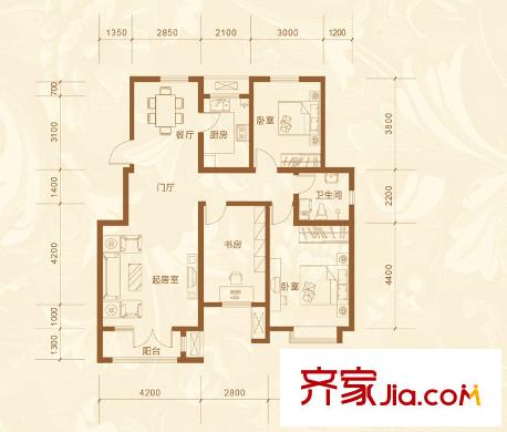 亞泰瀾公館洋房標(biāo)準(zhǔn)層YA-6戶型 3室2廳1衛(wèi)1廚
