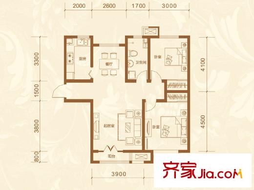 亞泰瀾公館高層標(biāo)準(zhǔn)層GA-2戶型 2室2廳1衛(wèi)1廚