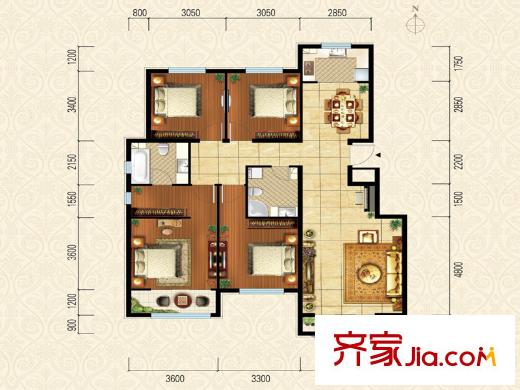 通泰?香濱城電梯洋房標(biāo)準(zhǔn)層C1戶型 4室2廳2衛(wèi)1廚