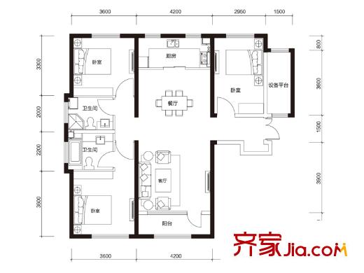 中國塘高層標準層D1戶型 3室2廳2衛(wèi)1廚