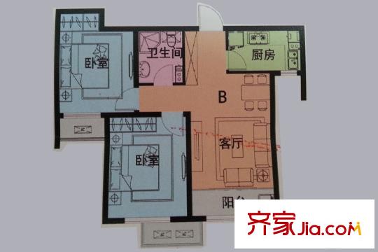 福升園二期高層標準層B戶型 2室1廳1衛(wèi)1廚