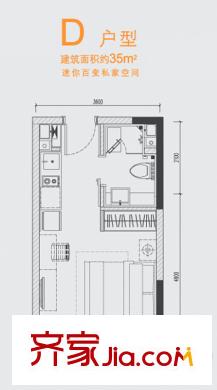 D-House公寓標(biāo)準(zhǔn)層D戶型 1室1衛(wèi)1廚