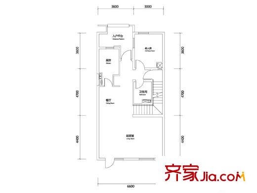 天津富力新城一期疊拼別墅下疊中戶(hù)標(biāo)準(zhǔn)層B戶(hù)型首層 3室3廳3衛(wèi)1廚