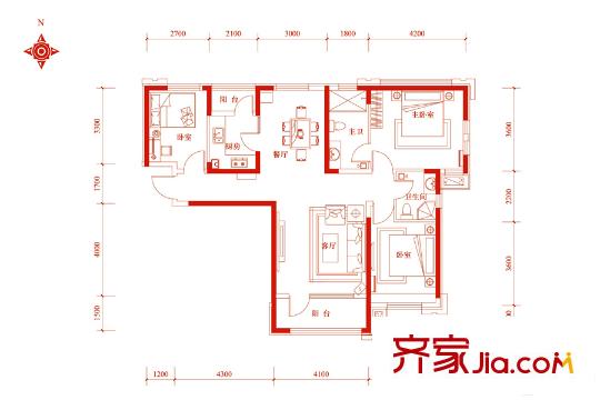 中鐵諾德名苑小高層13號(hào)樓標(biāo)準(zhǔn)層F戶型 3室2廳2衛(wèi)1廚