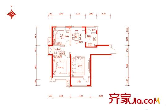 中鐵諾德名苑小高層13號(hào)樓標(biāo)準(zhǔn)層D戶型 2室2廳1衛(wèi)1廚