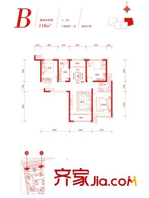 中鐵諾德名苑高層14號(hào)樓標(biāo)準(zhǔn)層B戶型 3室2廳1衛(wèi)1廚