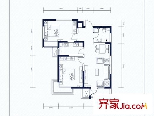 建投觀海高層1、3、4、5、7號樓標(biāo)準(zhǔn)層B2戶型 2室2廳1衛(wèi)1廚