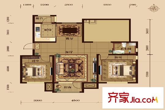 美域?yàn)懺坊▓@洋房標(biāo)準(zhǔn)層兩室戶型 2室2廳1衛(wèi)1廚