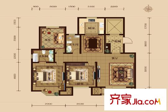 美域?yàn)懺匪较砥绞麡?biāo)準(zhǔn)層三室戶型 3室2廳2衛(wèi)1廚