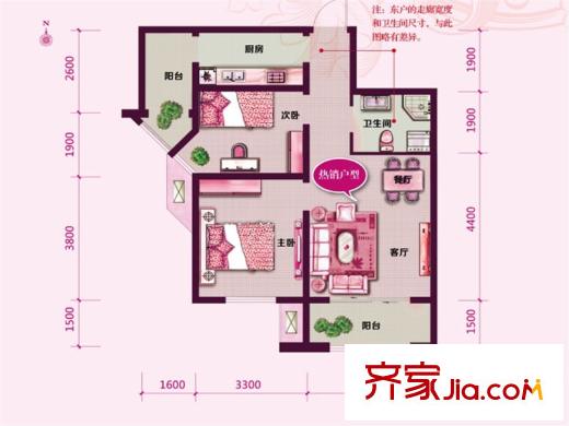 喜蜜灣高層標(biāo)準(zhǔn)層d2戶型 2室2廳1衛(wèi)1廚