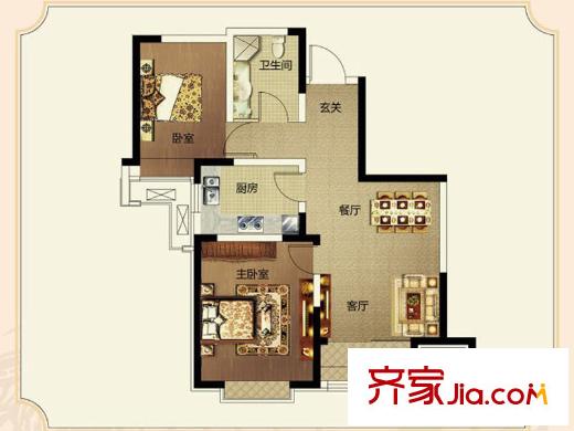 旭輝瀾郡環(huán)景瞰湖公館標(biāo)準(zhǔn)層N2戶型 2室2廳1衛(wèi)1廚