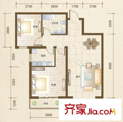 融僑半島戶型圖D戶型 2室2廳1衛(wèi)1廚