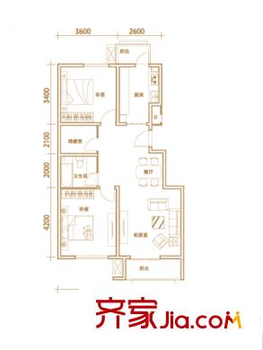建投領海三期洋房標準層A3戶型 2室2廳1衛(wèi)1廚