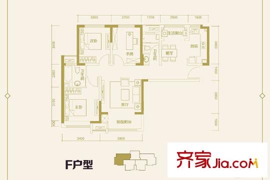 寶龍城高層標(biāo)準(zhǔn)層F戶型 3室2廳2衛(wèi)1廚