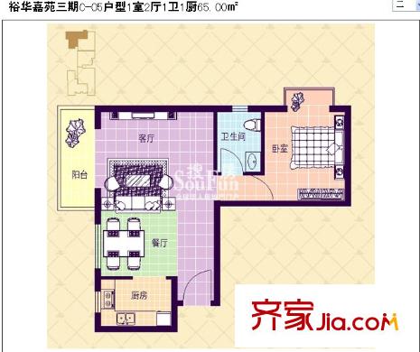 裕華嘉苑戶(hù)型圖C-05戶(hù)型1室 65平方米 1室2廳1衛(wèi)1廚