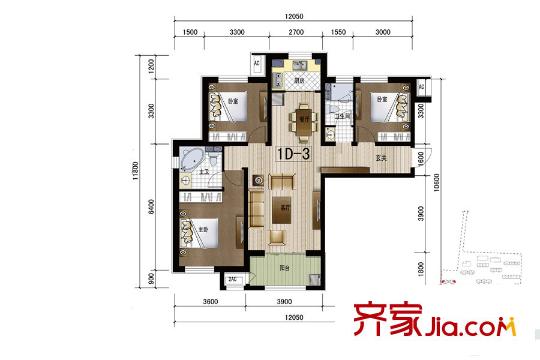 安聯(lián)優(yōu)悅城102、103號(hào)樓標(biāo)準(zhǔn)層1D-3戶型 3室2廳1衛(wèi)1廚