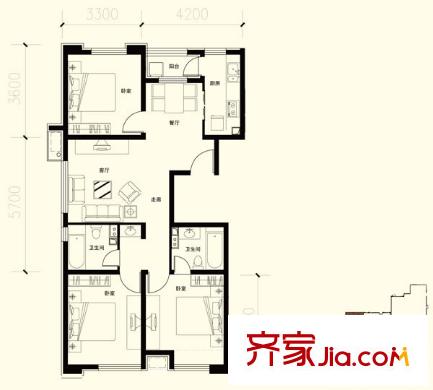 軍創(chuàng)凱旋城戶型圖2號樓D戶型 3室2廳2衛(wèi)1廚