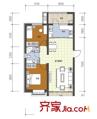 六灣戶型圖二期E戶型 2室2廳1衛(wèi)1廚
