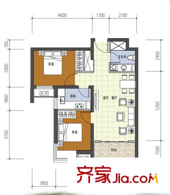 六灣戶型圖二期K戶型 2室2廳1衛(wèi)1廚