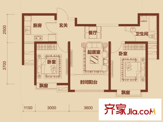 經(jīng)緯城市綠洲武清戶型圖一期高層17號樓標(biāo)準層D1戶型圖 2室2廳1衛(wèi)1廚