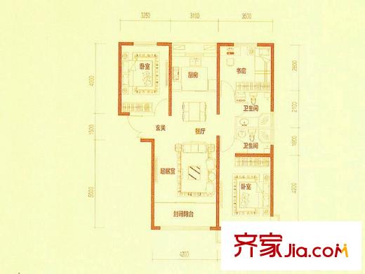 經(jīng)緯城市綠洲武清戶型圖一期高層15號樓標(biāo)準層C2戶型 3室2廳2衛(wèi)1廚