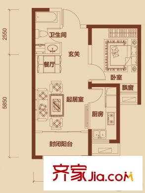 經(jīng)緯城市綠洲武清戶型圖一期高層5號樓標(biāo)準層D3戶型圖 1室2廳1衛(wèi)1廚