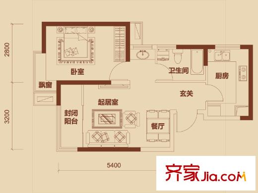 經(jīng)緯城市綠洲武清戶型圖一期6、7號樓高層標(biāo)準層D5戶型圖 1室2廳1衛(wèi)1廚