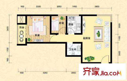 世紀(jì)龍庭戶型圖L戶型 2室1廳1衛(wèi)1廚