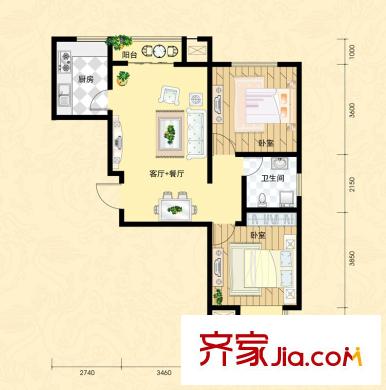 世紀(jì)龍庭戶型圖AD戶型 2室2廳1衛(wèi)1廚