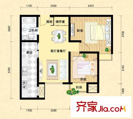 世紀(jì)龍庭戶型圖J戶型 2室2廳1衛(wèi)1廚