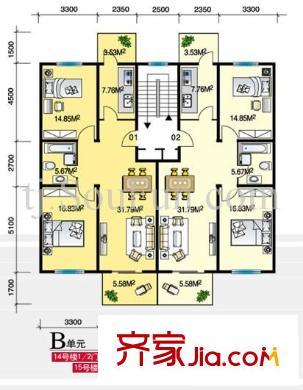 凱信佳園戶型圖B戶型 2室2廳2衛(wèi)