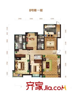 融僑觀邸戶型圖高層8號樓1層B1戶型 3室2廳2衛(wèi)1廚