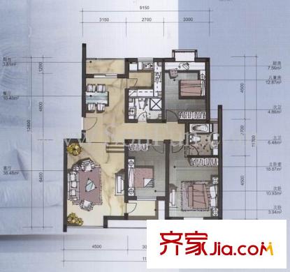 半島藍(lán)灣戶型圖戶型圖 3室2廳2衛(wèi)1廚