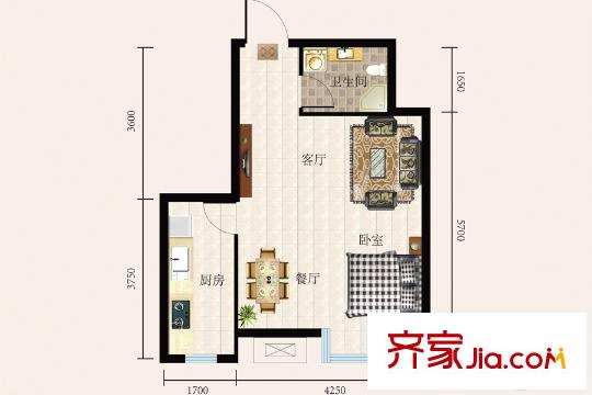 唐城壹號一期A樓、B樓標(biāo)準(zhǔn)層A戶型 1室2廳1衛(wèi)1廚