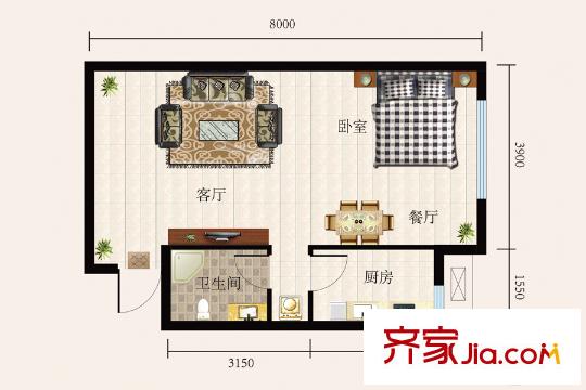唐城壹號一期A樓、B樓標(biāo)準(zhǔn)層C戶型 1室2廳1衛(wèi)1廚