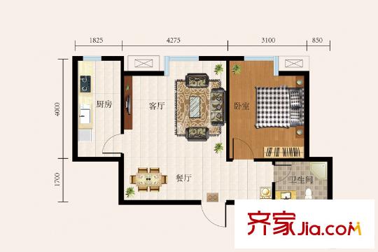 唐城壹號一期A樓、B樓標(biāo)準(zhǔn)層F戶型 1室2廳1衛(wèi)1廚