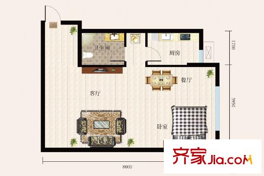 唐城壹號一期A樓、B樓標(biāo)準(zhǔn)層D戶型 1室2廳1衛(wèi)1廚