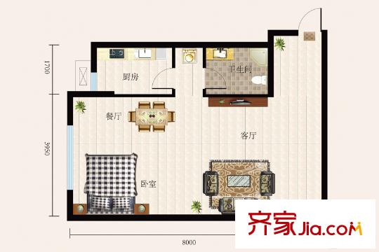 唐城壹號一期A樓、B樓標(biāo)準(zhǔn)層C反戶型 1室2廳1衛(wèi)1廚