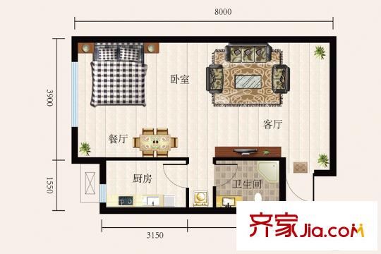 唐城壹號一期A樓、B樓標(biāo)準(zhǔn)層C反戶型 1室2廳1衛(wèi)1廚