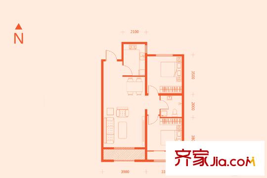 鳳城天鵝湖莊園8#樓標(biāo)準(zhǔn)層C2戶型 2室2廳1衛(wèi)1廚