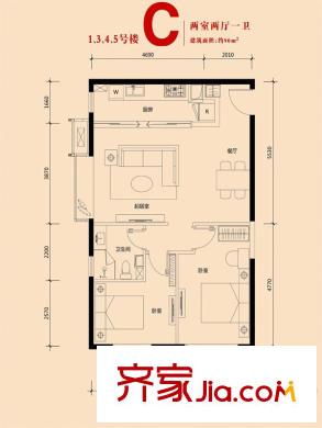 天津大悅城悅府戶型圖高層1、3、4、5號樓標(biāo)準(zhǔn)層C戶型（售罄） 2室2廳1衛(wèi)1廚